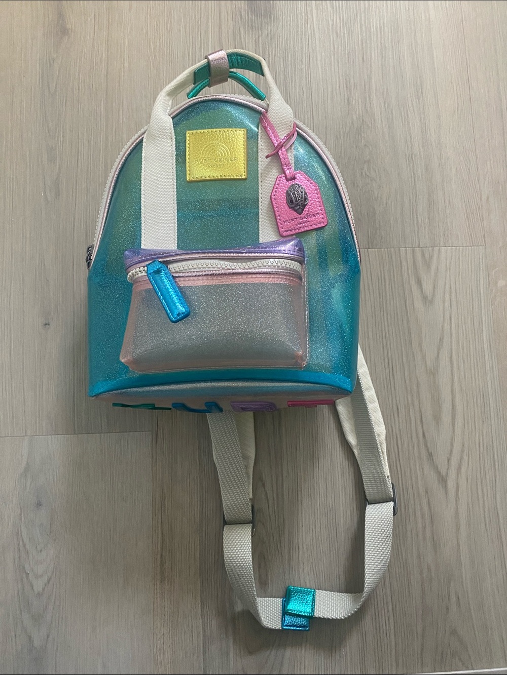 Kurt Geiger Iridescent Teal Mini Backpack with Pink Tag